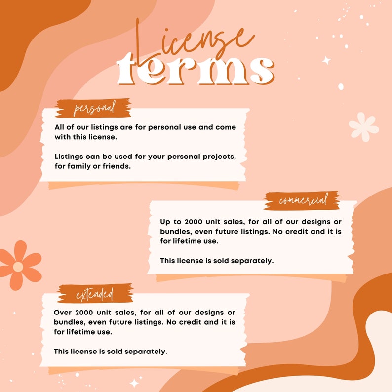 May include: A graphic with the text "License Terms" in a white, handwritten font. The graphic is divided into three sections: "Personal", "Commercial", and "Extended". Each section describes the terms of use for the license, including the number of units that can be sold and whether credit is required.