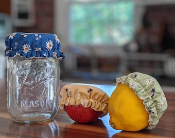 Waterproof Mason Jar Cover: Reusable Cotton Food Lid/ For Sourdough Starter/ Pet Food Lid / Canned Food Cover/  Bumble Bee Fabric