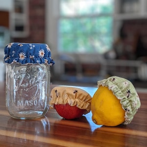 May include: A clear Ball Mason jar and two pieces of fruit, an apple and a lemon, are covered with reusable fabric bowl covers. The covers have floral and bee patterns in blue, tan, and green. The jar is on a wooden surface.