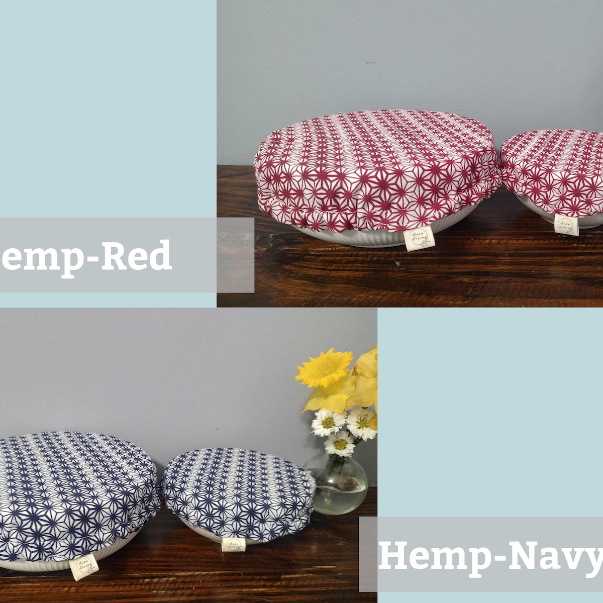 Waterproof Bowl Covers 6”, 9” hemp navy set of two