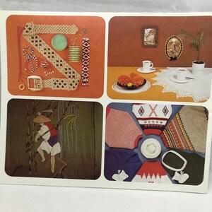 May include: A collage of four images featuring various crafts. The top left image shows a brown and beige macrame belt with beads and other craft supplies. The top right image shows a table setting with a crocheted doily, two cups and saucers, and a floral centerpiece. The bottom left image shows a person in a straw hat and a brown tunic, holding a sickle and standing in front of a green background. The bottom right image shows a collection of colorful knitted sweaters with different patterns.