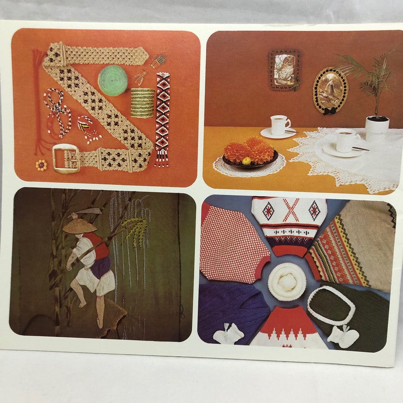 May include: A collage of four images featuring various crafts. The top left image shows a brown and beige macrame belt with beads and other craft supplies. The top right image shows a table setting with a crocheted doily, two cups and saucers, and a floral centerpiece. The bottom left image shows a person in a straw hat and a brown tunic, holding a sickle and standing in front of a green background. The bottom right image shows a collection of colorful knitted sweaters with different patterns.