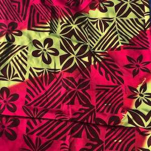 Bold Polynesian Tribal Print in Fucsia, Lime, and Brown Woven Gabardine (?) Poly or Poly/Cotton Blend. 60&quot; BTY