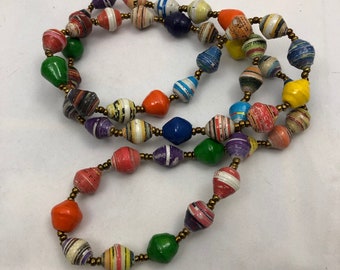 Multicolored Vintage Wrapped Paper Bead Necklace, 34" Total Length