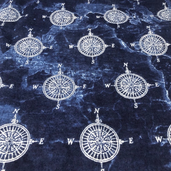 Nautical Luxe Flannel with Compass Roses on Deep-Blue Water Background 1yd x 41" Washed for Quilting, Sewing, Décor