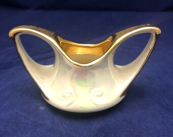 Vintage Miniature Lusterware Pearlescent Open Sugar Bowl with Gold Accents and Flying Wing Handles