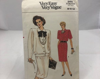Very Easy Very Vogue Sewing Pattern 9485 Vintage 1986 Loose-Fitting Blouse and Straight Skirt Size 8-10-12 Cut to Size 12