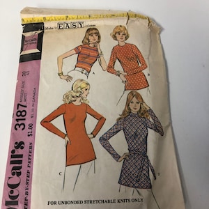 McCall&#39;s 3187 Vintage Sewing Pattern 1972 Tops in Four Styles Size 20 Bust 42&quot; for Unbonded Stretch Knits
