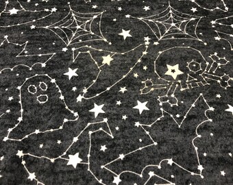 Halloween Constellations "Doodles" Heavy Stretch Jersey Fabric White Stars on Charcoal. Bats, Witches Hats, Ghosts, Spider Webs, Skulls BTY