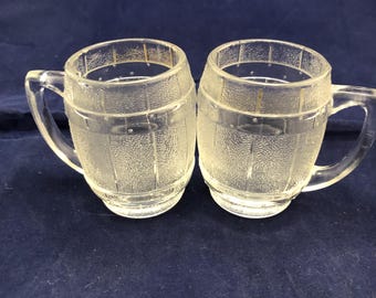 Vintage Miniature Beer Mug Barrels Shot Glasses Clear Glass 2.5” tall.