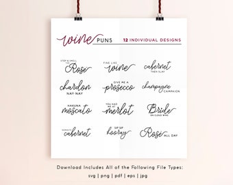 Refranes de vino, Vino Puns SVG Bundle, 12 diseños, Etiquetas de vino, Vectores de vino, Archivos individuales, Vino divertido, Regalo de anfitriona, Degustación de vinos SVG