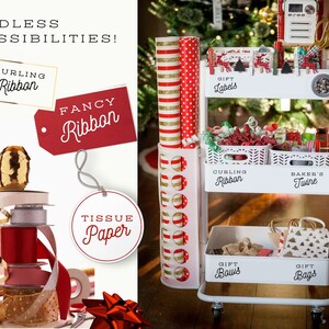 May include: White rolling cart with three shelves for organising gift wrapping supplies. The top shelf has a sign that says "Gift Labels". The middle shelf has two baskets labelled "Curling Ribbon" and "Baker's Twine". The bottom shelf has two baskets labelled "Gift Bows" and "Gift Bags".