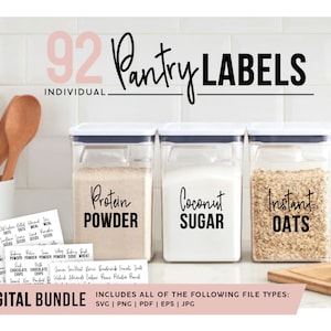 May include: A digital bundle of 92 individual pantry labels. The labels are black text on a white background and feature a handwritten font. The labels are shown on three clear plastic containers filled with protein powder, coconut sugar, and instant oats. The labels read "Protein Powder", "Coconut Sugar", and "Instant Oats".