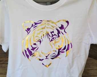 Tiger Purple & Gold Foil Stripes on White BELLA+CANVAS ® Women’s Relaxed Short Sleeve Tee | Tiger Stripe | Louisiana | Purple and Gold Tiger