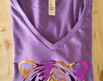 Tiger Purple & Gold Foil Stripes on District ® Women’s Very Important Tee ® V-Neck | Tiger Stripe | Louisiana | Purple and Gold Tiger