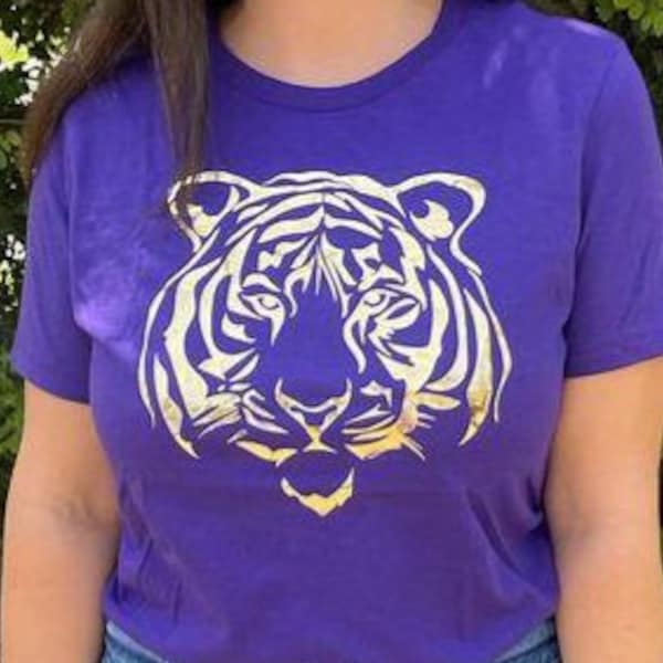 Tiger in Gold Foil on Purple BELLA+CANVAS ® Women’s Relaxed Short Sleeve Tee | Tiger | Louisiana | Tiger Gold