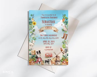 May include: A birthday invitation with a farm theme. The invitation features a blue sky background with illustrations of farm animals, a windmill, and a red barn. The text reads "Farmtastic Birthday" and "Sebastian is turning three."