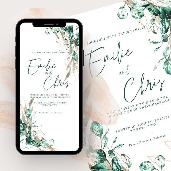 Emerald Green Leaves and Gold Wedding Invite by Mail/Canva editable template/Evite,Digital Invitation,Electronic Invitation,Instant download