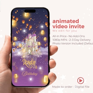 Invitación de video de cumpleaños de Princesa de la Torre con foto: Tema animado de linterna morada y dorada, personalizada