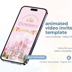 Puede incluir: Un teléfono inteligente muestra una plantilla de invitación de video animada rosa. El diseño presenta una ilustración de castillo, el texto "CATHERINE'S 1st ROYAL BIRTHDAY" y las palabras "animated video invite template". El teléfono está sobre un fondo claro.