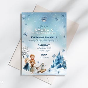 May include: A Frozen-themed birthday invitation with a light blue background and snowflakes. The invitation includes the text "Join us for AMARA'S 7TH FROZEN BIRTHDAY" and features illustrations of characters, a castle, and a reindeer.