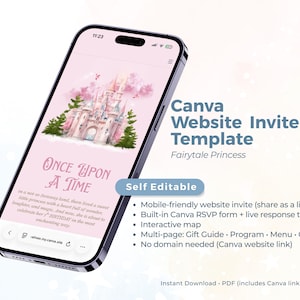 May include: A smartphone displays a pink Canva website invite template with a fairytale theme. The design features a castle illustration and the text "Once Upon a Time." Additional text includes "Canva Website Invite Template" and bullet points describing features.