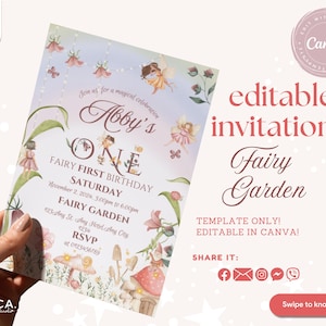 Modelo de convite de aniversário de jardim de fadas - Design de aquarela de floresta encantada editável para Canva | Digital e imprimível