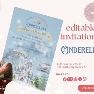 Invitation d'anniversaire de Cendrillon imprimable | Modèle de toile modifiable | rêver est un souhait que votre coeur fait, faire une invitation à une fête | Thème princesse à télécharger