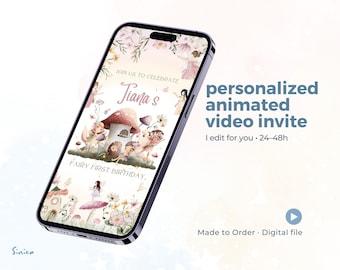 Convite em vídeo para o primeiro aniversário de uma fada, jardim de cogumelos em aquarela, personalizado para você!