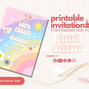 Convite para impressão em arco-íris pastel - imprimível, personalizável e delicioso! SOMENTE CÓPIA DIGITAL!