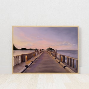 Strand en brug zonsondergang schilderij//muurkunst//digitale PRINTBARE DOWNLOAD