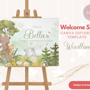 Cartel de bienvenida del bosque de acuarela de criaturas del bosque encantadoras - Plantilla Canva imprimible y editable