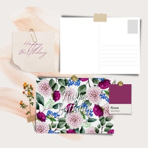 Tarjeta de acuarela floral, postal floral de rosa rosa y dalia, tarjeta de felicitación, tarjeta de feliz cumpleaños, plantilla editable de Canva