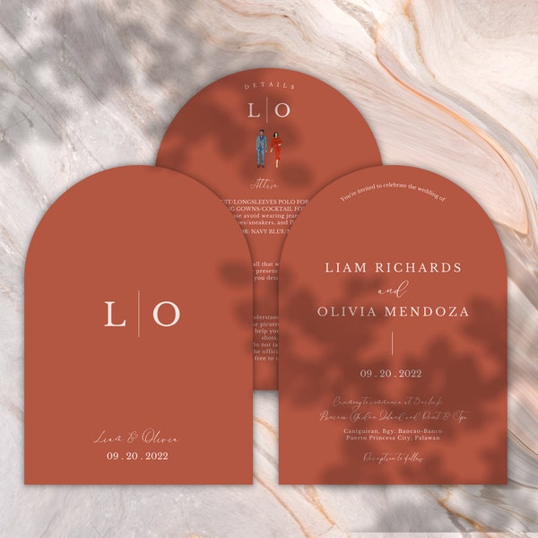 Arched Terracotta Wedding Invitation Template Set and Digital Invite//diy Canva personalized, editable and printable template//OLIVIA