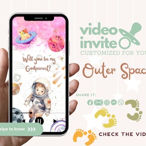 Invitation unique de baptême dans l'espace pour les parrains et marraines - Vidéo animée pour une célébration hors du commun !