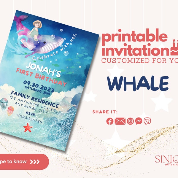 Whale Theme Birthday Invitation - Make a Splash at Your Birthday Party! , Evite, Printable, Customizable, and Delightful! DIGITAL COPY ONLY!