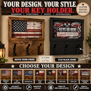 Personalisierter Schlüsselhalter aus Holz mit 3 Doppelhaken – Individuelles Design, rustikale oder schwarze Ausführung, amerikanische Flagge, Texas-Wanddekoration