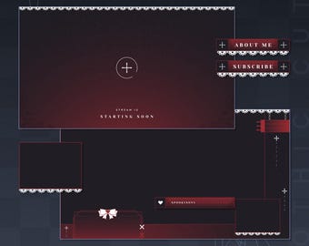 Może przedstawiać: Animowany pakiet streamingu w stylu gotyckim. Pakiet zawiera ekran startowy, okno czatu, przycisk subskrypcji, przycisk "O mnie" oraz panel z kokardką i tekstem "SPOOKYNONY".