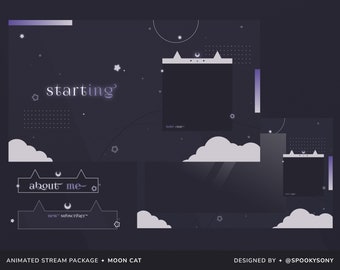 Moon Cat Animated Stream Package | Gaming Chatting Overlays | Twitch Panels | Animated Alerts | Celestial Aesthetic Screens | Vtuber Assets