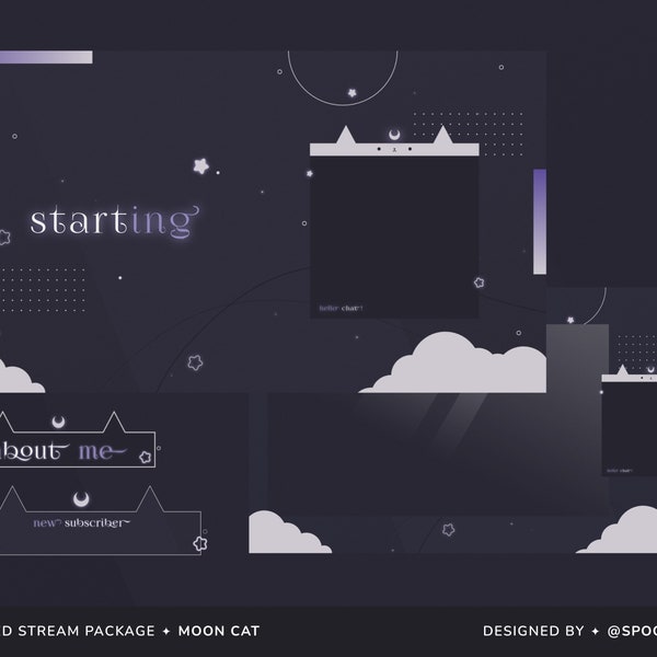 Moon Cat Animated Stream Package | Gaming Chatting Overlays | Twitch Panels | Animated Alerts | Celestial Aesthetic Screens | Vtuber Assets
