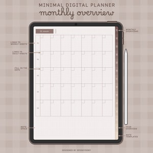May include: A digital planner template for a tablet with a monthly overview, links to weekly and daily sheets, and a note space. The template is designed in a minimalist style with a brown and white color scheme.