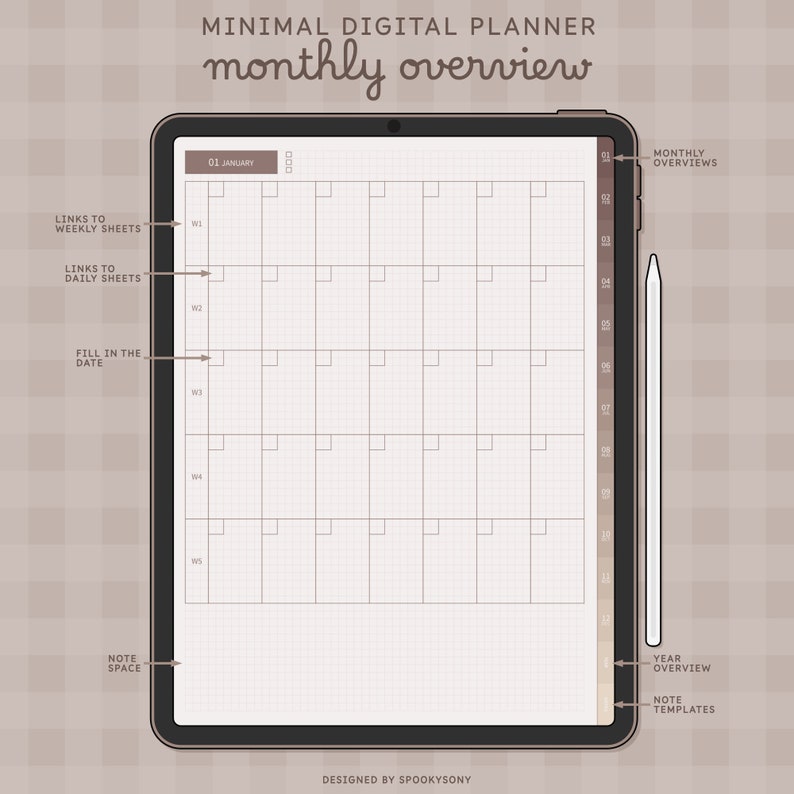 May include: A digital planner template for a tablet with a monthly overview, links to weekly and daily sheets, and a note space. The template is designed in a minimalist style with a brown and white color scheme.