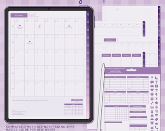 Undated Minimal Planner | Hobonichi Inspired | Digital Stickers | Fully Hyperlinked | Daily, Weekly, Monthly, Yearly, Note Pages | Purple