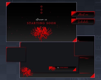 Paquete de transmisión animada Red Spider Lily / Superposiciones de chat para juegos / Paneles de Twitch / Alertas animadas / Pantallas con estética oscura / Vtuber