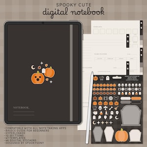 May include: A digital notebook with a black cover and a spooky cute Halloween theme. The cover features a pumpkin with a ghost and stars. The notebook is compatible with all note-taking apps and includes 46 digital stickers.