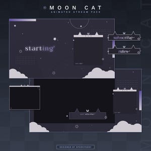 Paquete de transmisión animada Moon Cat / Superposiciones de chat para juegos / Paneles de Twitch / Alertas animadas / Pantallas estéticas celestiales / Recursos de Vtuber