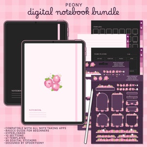 May include: A digital notebook bundle with a pink peony theme. The bundle includes a digital notebook, templates, a yearly planner, and a set of digital stickers. The notebook cover features a pink peony flower with a moon and stars. The stickers feature pink peonies, moons, and stars on a purple background.
