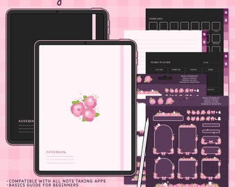 Cute Digital Notebook Bundle | Digital Stickers | Hyperlinked Notebook | 12 Sections Notebook | Planner | Kawaii | Dark Mode | Pink Peony