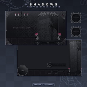 Pacote de fluxo animado de sombras | Sobreposições de bate-papo para jogos | Painéis Twitch | Alertas animados | Telas góticas assustadoras | Ativos Vtuber