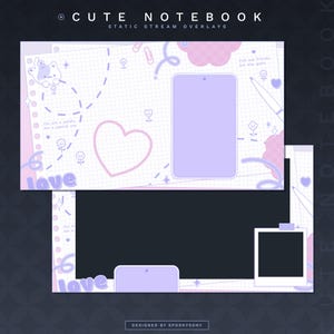 Cute Notebook Static Stream Overlays | Gaming Overlays | Just Chatting Overlays | Cozy Coworking Overlay | Vtuber Asset | Pink | Purple